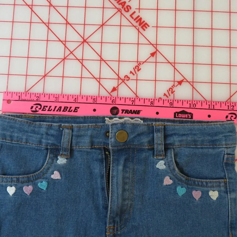 Girls Blue Denim Jeans‎ w/ Pastel Heart Embroidery – Size 6